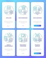 Data lake blue gradient mobile app screens. Storage usage industries walkthrough 3 steps graphic instructions with linear concepts. UI, UX, GUI templated vector