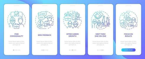 Managers and employees age gap blue gradient onboarding mobile app screen. Walkthrough 5 steps graphic instructions with linear concepts. UI, UX, GUI template vector