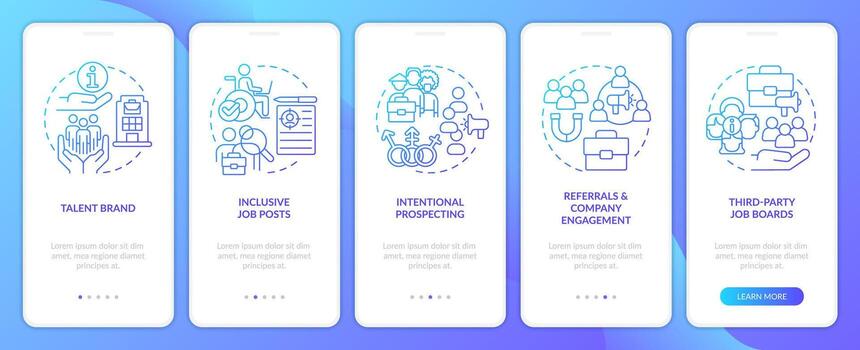 Diversifying pipeline of candidates blue gradient onboarding mobile app screen. Walkthrough 5 steps graphic instructions with linear concepts. UI, UX, GUI template vector