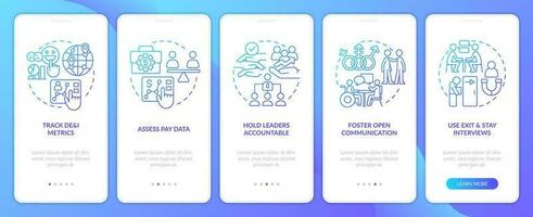 Making DEI efforts efficiency blue gradient onboarding mobile app screen. Walkthrough 5 steps graphic instructions with linear concepts. UI, UX, GUI template vector