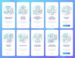 DEI programs for workplace blue gradient onboarding mobile app screens set. Walkthrough 5 steps graphic instructions with linear concepts. UI, UX, GUI template vector