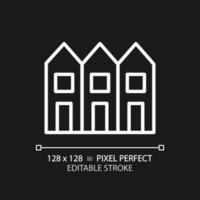 Townhouse pixel perfect white linear icon for dark theme. Multiple floor houses in row. Luxury property. City rowhouse. Thin line illustration. Isolated symbol for night mode. Editable stroke vector