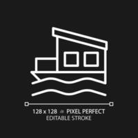 Houseboat pixel perfect white linear icon for dark theme. Float house. Moored building in lake. Modern property. Real estate. Thin line illustration. Isolated symbol for night mode. Editable stroke vector