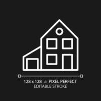 Simple house with garage pixel perfect white linear icon for dark theme. Two story family home. Real estate. Detached building. Thin line illustration. Isolated symbol for night mode. Editable stroke vector