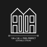 Duplex pixel perfect white linear icon for dark theme. Two dwelling units. Attached houses. Real estate. Multifalmily home. Thin line illustration. Isolated symbol for night mode. Editable stroke vector