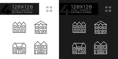 Luxury houses pixel perfect linear icons set for dark, light mode. Townhouse and mansion. Single family detached home. Thin line symbols for night, day theme. Isolated illustrations. Editable stroke vector