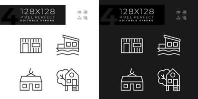 Compact houses pixel perfect linear icons set for dark, light mode. Modular, container homes. Treehouse for recreation. Thin line symbols for night, day theme. Isolated illustrations. Editable stroke vector