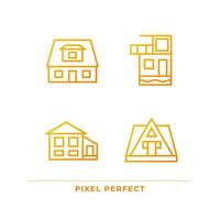 Vacation property pixel perfect gradient linear vector icons set. Bungalow rent. Summer holiday villa. Real estate. Thin line contour symbol designs bundle. Isolated outline illustrations collection