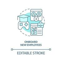 Onboard new employees turquoise concept icon. Gamification in corporate training abstract idea thin line illustration. Isolated outline drawing. Editable stroke vector