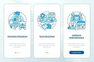 Gamification in workplace blue onboarding mobile app screen. Corporate walkthrough 3 steps editable graphic instructions with linear concepts. UI, UX, GUI templated vector