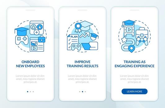 Gamification in corporate training blue onboarding mobile app screen. Walkthrough 3 steps editable graphic instructions with linear concepts. UI, UX, GUI templated vector