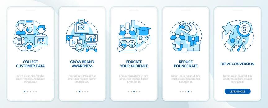 Digital marketing gamification pros blue onboarding mobile app screen. Walkthrough 5 steps editable graphic instructions with linear concepts. UI, UX, GUI templated vector