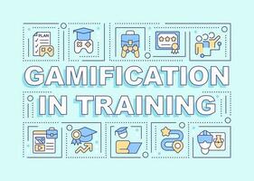 Gamification in training word concepts turquoise banner. Infographics with editable icons on color background. Isolated typography. Vector illustration with text