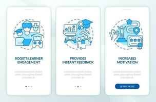 Gamification benefits in e learning blue onboarding mobile app screen. Walkthrough 3 steps editable graphic instructions with linear concepts. UI, UX, GUI templated vector