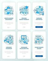 Gamification pros and cons blue onboarding mobile app screens set. Walkthrough 3 steps editable graphic instructions with linear concepts. UI, UX, GUI templated vector