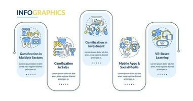 Gamification trends rectangle infographic template. Games integration. Data visualization with 5 steps. Editable timeline info chart. Workflow layout with line icons vector