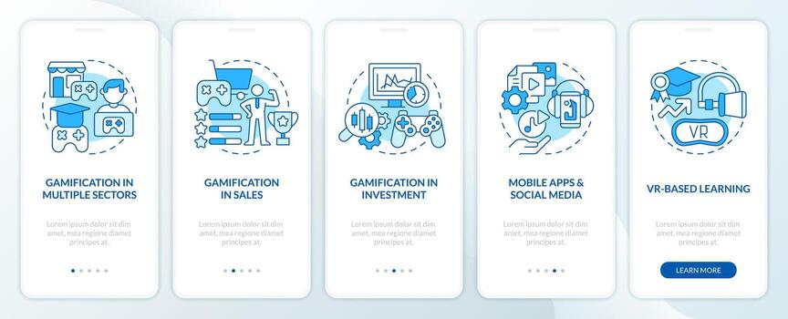 Gamification trends blue onboarding mobile app screen. Games walkthrough 5 steps editable graphic instructions with linear concepts. UI, UX, GUI templated vector