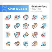 Chat bubble pixel perfect RGB color icons set. Communication with speech balloons. Talking visualization. Isolated vector illustrations. Simple filled line drawings collection. Editable stroke