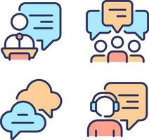 Speech bubbles in different spheres pixel perfect RGB color icons set. Public communication ways. Isolated vector illustrations. Simple filled line drawings collection. Editable stroke