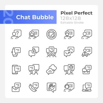 Chat bubble pixel perfect linear icons set. Communication with speech balloons. Talking visualization. Customizable thin line symbols. Isolated vector outline illustrations. Editable stroke
