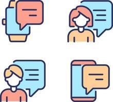 Communication with chat bubbles via gadgets pixel perfect RGB color icons set. Technology of connection. Isolated vector illustrations. Simple filled line drawings collection. Editable stroke