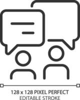 Discussion in pairs pixel perfect linear icon. Talking people with chat bubbles. Communication between friends. Thin line illustration. Contour symbol. Vector outline drawing. Editable stroke