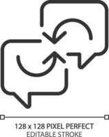 Exchange opinions pixel perfect linear icon. Connected chat bubbles with arrows. Thoughts sharing via messages. Thin line illustration. Contour symbol. Vector outline drawing. Editable stroke