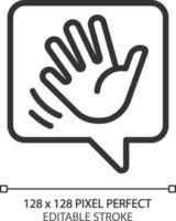 Saying hello pixel perfect linear icon. Greeting chat bubble with waving hand. Communication on social media. Thin line illustration. Contour symbol. Vector outline drawing. Editable stroke