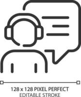 Interact with call centre operator pixel perfect linear icon. Person with headset and speech bubble. Support service. Thin line illustration. Contour symbol. Vector outline drawing. Editable stroke