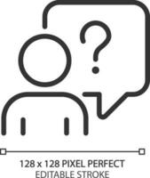 Asking question pixel perfect linear icon. Confused person with speech bubble. Information support service. Thin line illustration. Contour symbol. Vector outline drawing. Editable stroke