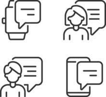 Communication with chat bubbles via gadgets pixel perfect linear icons set. Technology of connection. Customizable thin line symbols. Isolated vector outline illustrations. Editable stroke