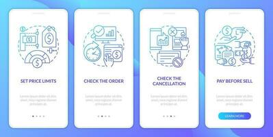 Online investing blue gradient onboarding mobile app screen. Digital trading walkthrough 4 steps graphic instructions with linear concepts. UI, UX, GUI templated vector