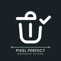 Successfully deleted pixel perfect white linear ui icon for dark theme. Removing confirm. Bin with check mark. Vector line pictogram. Isolated user interface symbol for night mode. Editable stroke