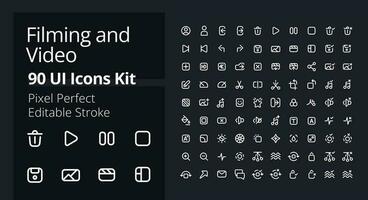 Video production pixel perfect white linear ui icons kit for dark theme. Filmmaking software. Footage settings. Isolated user interface symbols for night mode. Vector line pictograms. Editable stroke