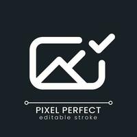 Applied photo file pixel perfect white linear ui icon for dark theme. Editing application. Approved image. Vector line pictogram. Isolated user interface symbol for night mode. Editable stroke