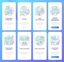 Rules of investing blue gradient onboarding mobile app screens set. Finance walkthrough 4 steps graphic instructions with linear concepts. UI, UX, GUI templated vector