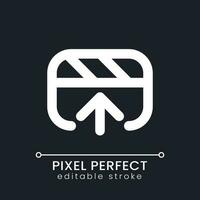 Export video file pixel perfect white linear ui icon for dark theme. Save footage to storage. Software tool. Vector line pictogram. Isolated user interface symbol for night mode. Editable stroke