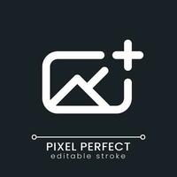 Add image pixel perfect white linear ui icon for dark theme. Insert photo into footage. Editing tool. Vector line pictogram. Isolated user interface symbol for night mode. Editable stroke