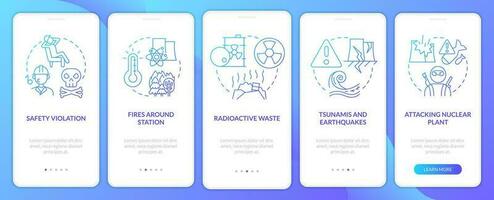 Nuclear accident causes blue gradient mobile app screen. Disaster walkthrough 5 steps graphic instructions with linear concepts. UI, UX, GUI templated vector