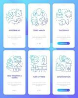 Actions outside and at home blue gradient mobile app screen set. Survive walkthrough 3 steps graphic instructions with linear concepts. UI, UX, GUI templated vector