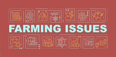 Farming issues word concepts red banner. Agriculture challenges. Infographics with editable icons on color background. Isolated typography. Vector illustration with text