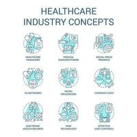 Healthcare industry turquoise concept icons set. Health system. Medical sector idea thin line color illustrations. Isolated symbols. Editable stroke vector