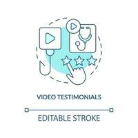 Video testimonials turquoise concept icon. Health provider. Healthcare promotion abstract idea thin line illustration. Isolated outline drawing. Editable stroke vector