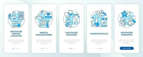 Health industry key segments blue onboarding mobile app screen. Walkthrough 5 steps editable graphic instructions with linear concepts. UI, UX, GUI templated vector