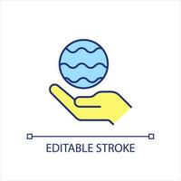 Hand hold ball with water yellow and blue RGB color icon. Hydro power. Aqua element. Alternative energy. Isolated vector illustration. Simple filled line drawing. Editable stroke