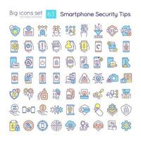 Smartphone security tips RGB color icons set. Hacking attack. Mobile phone protection. Isolated vector illustrations. Simple filled line drawings collection. Editable stroke used