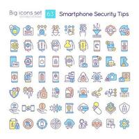 Smartphone security tips RGB color icons set. Hacking attack. Mobile phone protection. Isolated vector illustrations. Simple filled line drawings collection. Editable stroke used