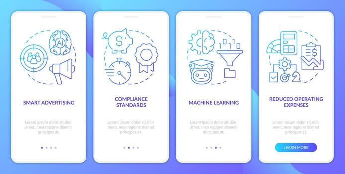 Pros of information regulations blue gradient onboarding mobile app screen. Walkthrough 4 steps graphic instructions with linear concepts. UI, UX, GUI templated vector