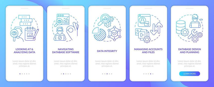 Data master skills blue gradient onboarding mobile app screen. Analytics walkthrough 5 steps graphic instructions with linear concepts. UI, UX, GUI templated vector