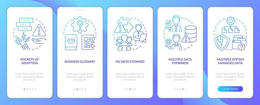 base de datos nubes azul degradado inducción móvil aplicación pantalla. retos recorrido 5 5 pasos gráfico instrucciones con lineal conceptos. ui, ux, gui plantilla vector